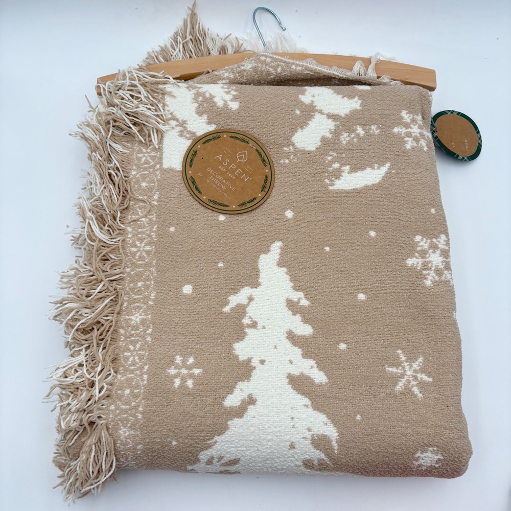 Aspen Decorative Christmas Throw Blanket Neutral Tan Cream Trees Deer Cabin - Picture 7 of 9